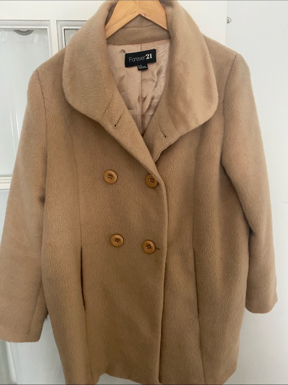 Forever 21 Women's Double-Breasted Tan Pea Coat